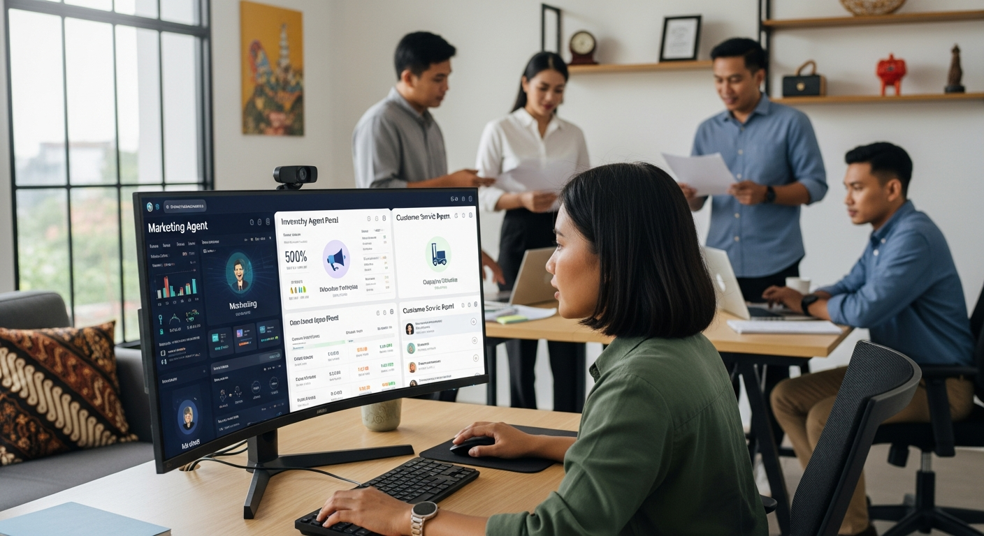 Tim bisnis Indonesia mengkoordinasikan beberapa AI agent workflow untuk marketing dan customer service