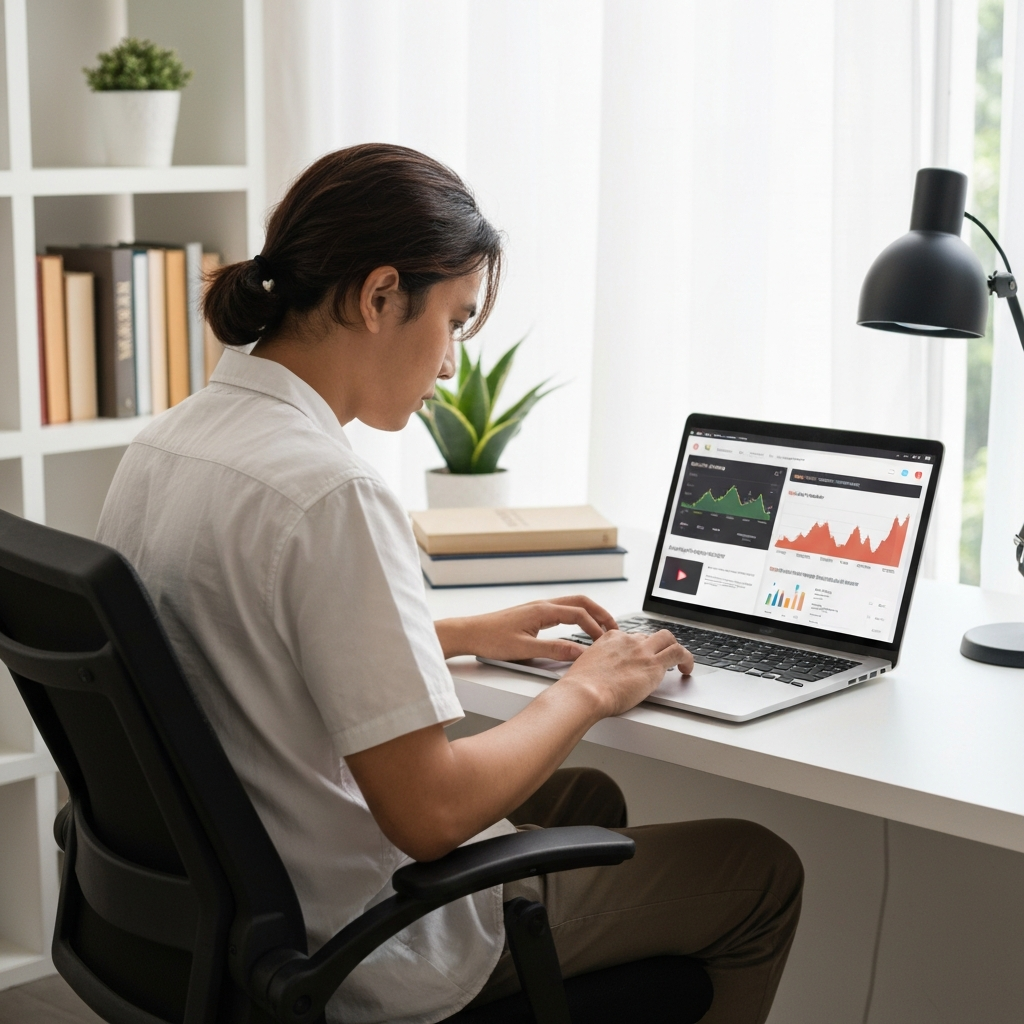 Seorang content creator sedang menganalisis data YouTube Analytics di laptopnya