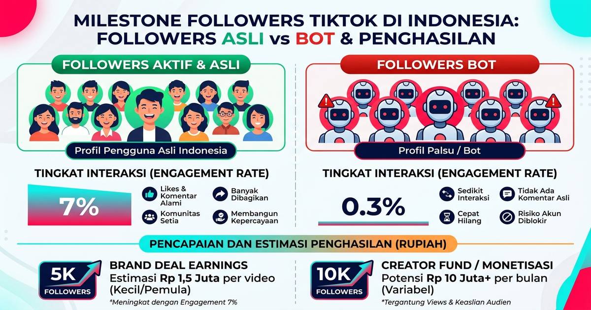 Milestone monetisasi TikTok Indonesia: followers 1000 LIVE, 5000 brand deal, 10000 Creator Fund, infografis 2026