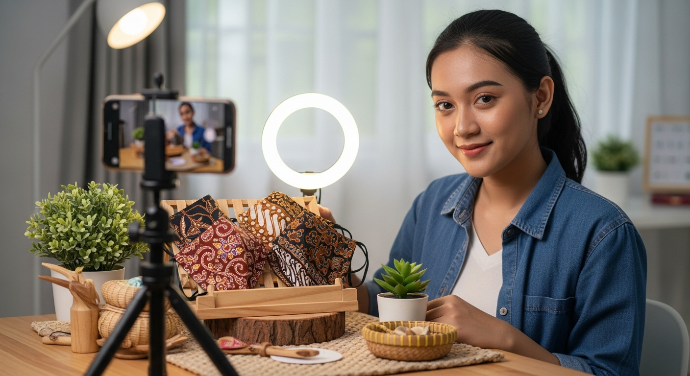 Content creator Indonesia filming Instagram Reels untuk produk UMKM dengan setup lighting sederhana
