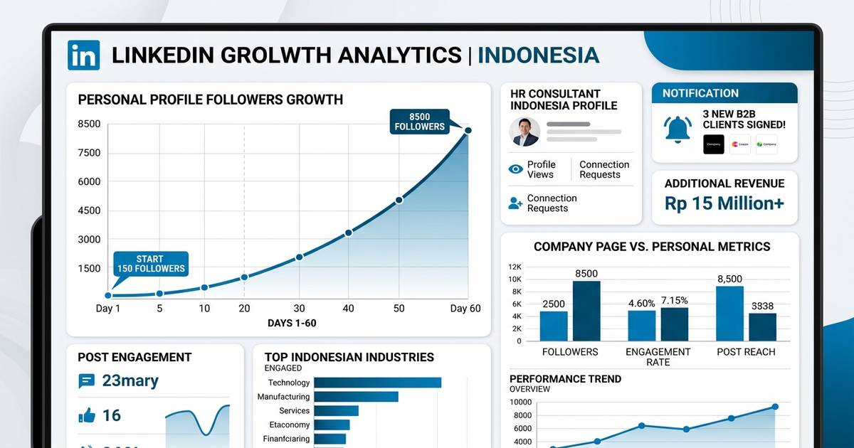 Dashboard LinkedIn analytics Indonesia showing followers growth dari 50 ke 5000 dalam 30 hari dengan jasa SMM panel 2026
