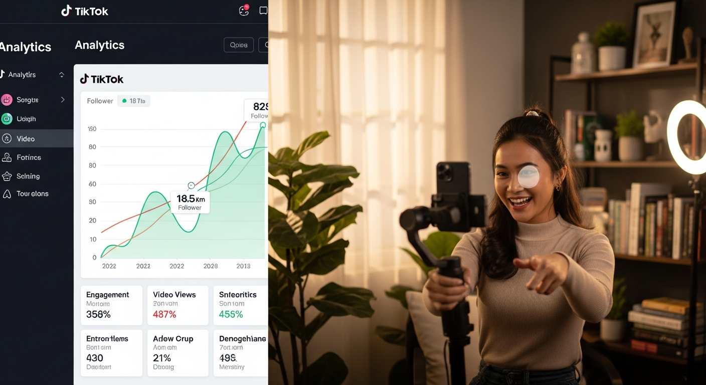 Dashboard analytics TikTok menampilkan grafik pertumbuhan followers yang naik