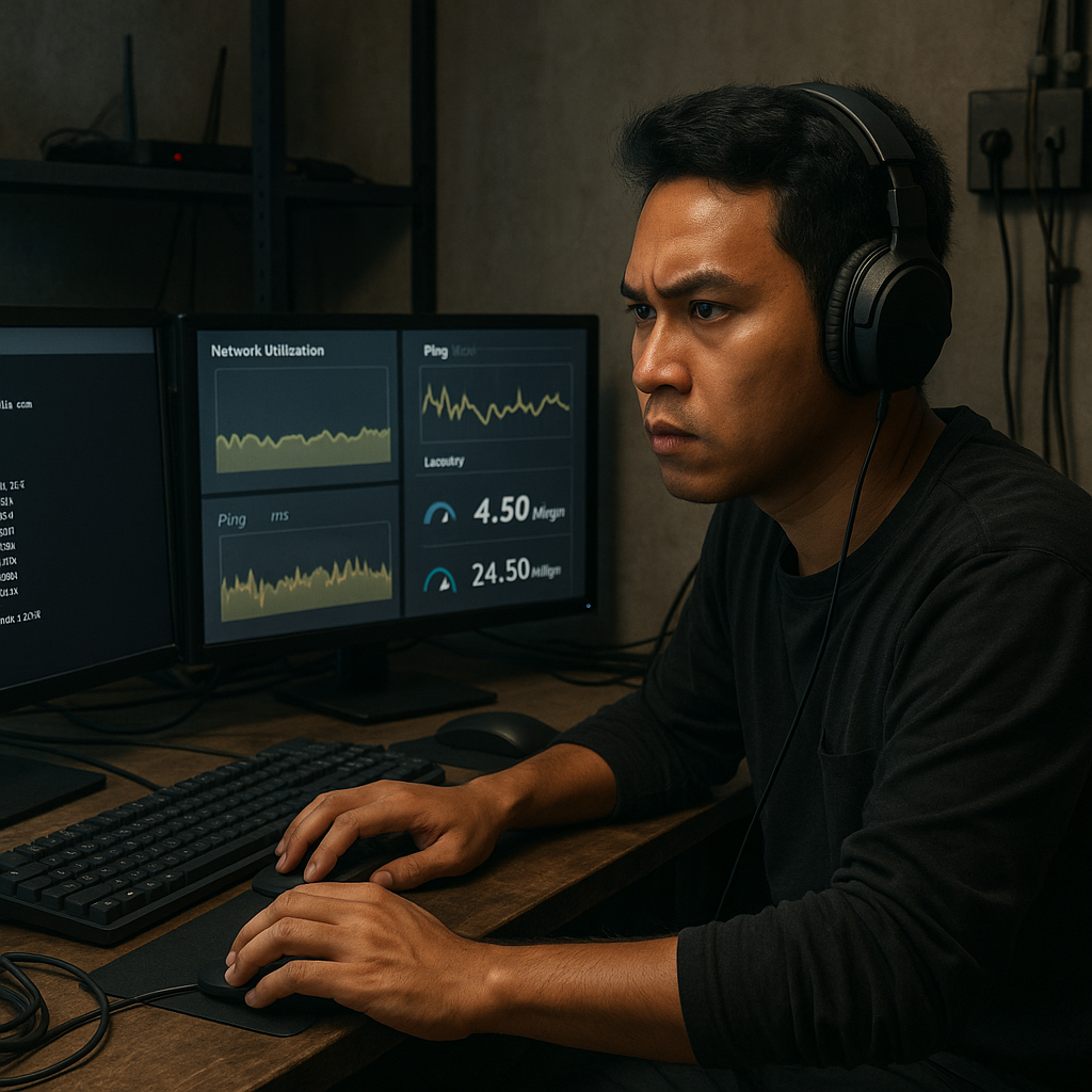 Indonesian streamer troubleshooting lag issue, multiple monitors showing network