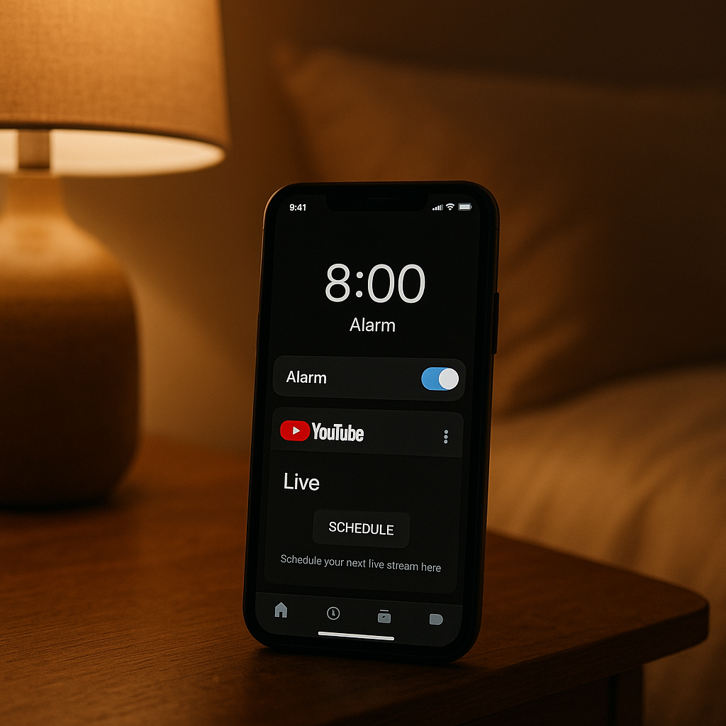 Smartphone alarm clock at 8 PM with YouTube app open showing live scheduling, co