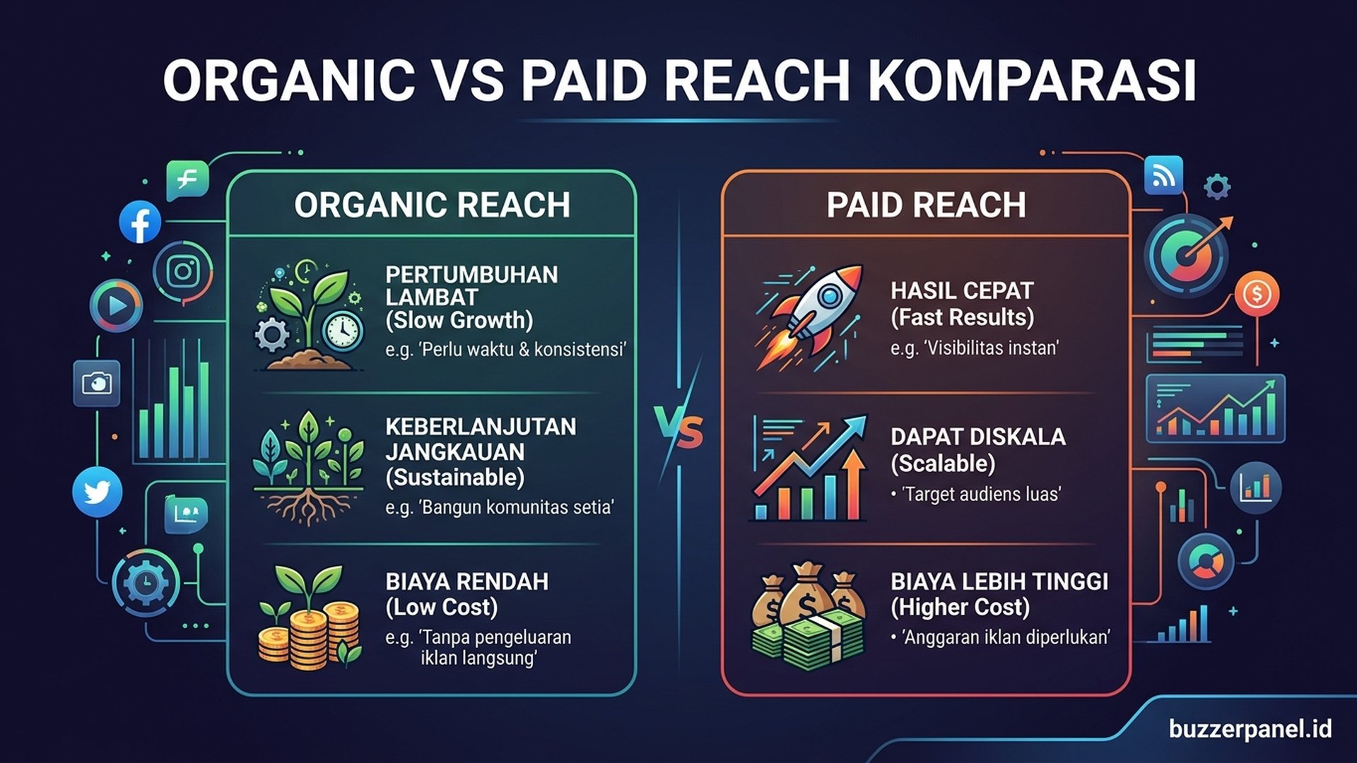 Komparasi Reach | Buzzerpanel.id Organic vs paid reach komparasi slow sustainable scalable cost