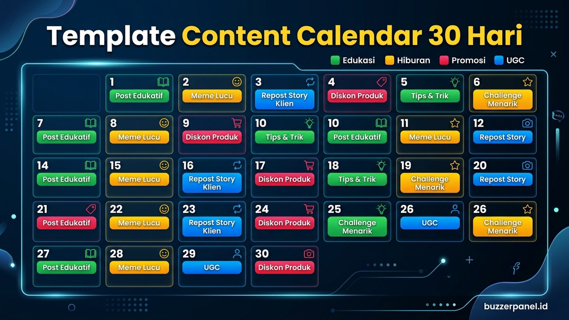 Template 30 Hari | Buzzerpanel.id Template content calendar 30 hari educational entertainment promotional ugc