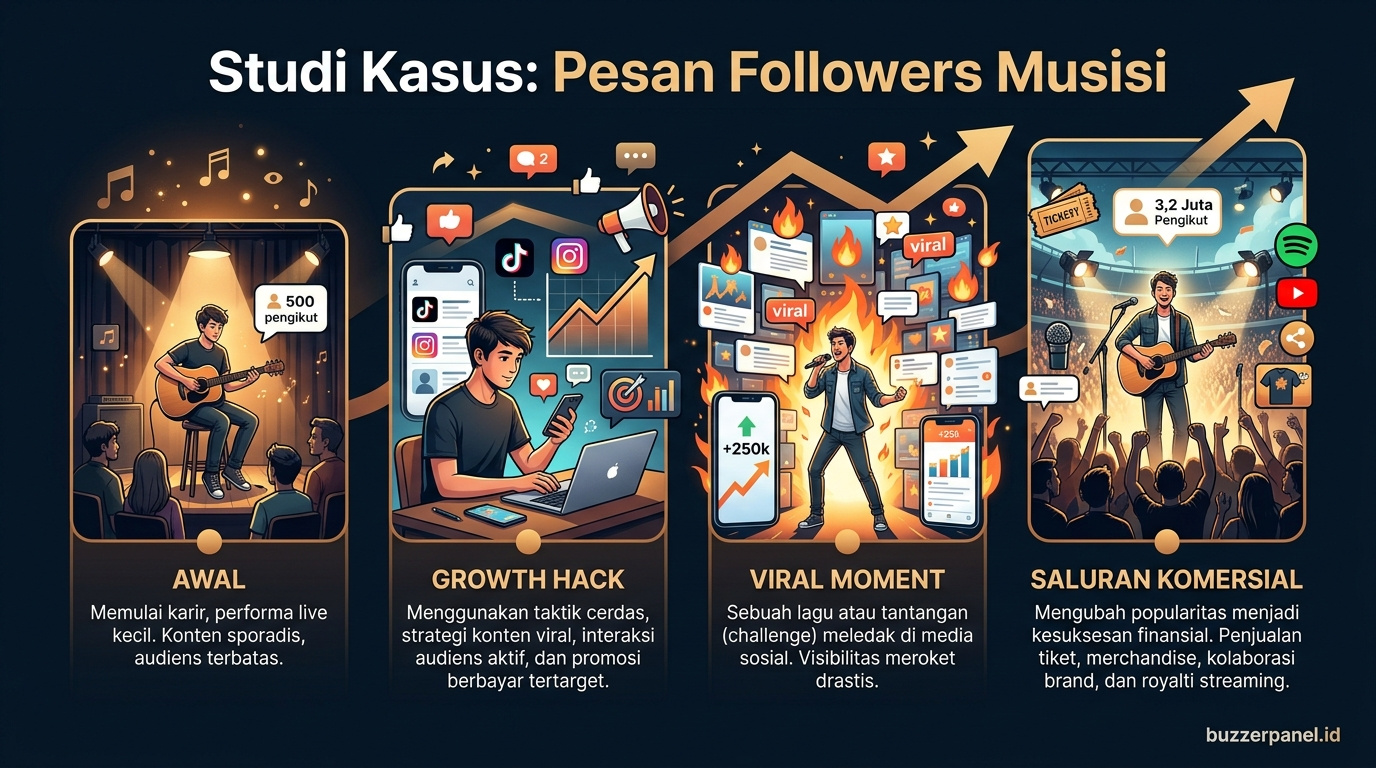 Timeline storytelling Cara Pesan Followers Akun Musisi 2026