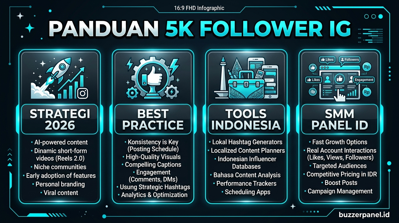 Infografik tips Cara Dapat 5000 Follower Instagram 2026 - panduan 5K Follower IG