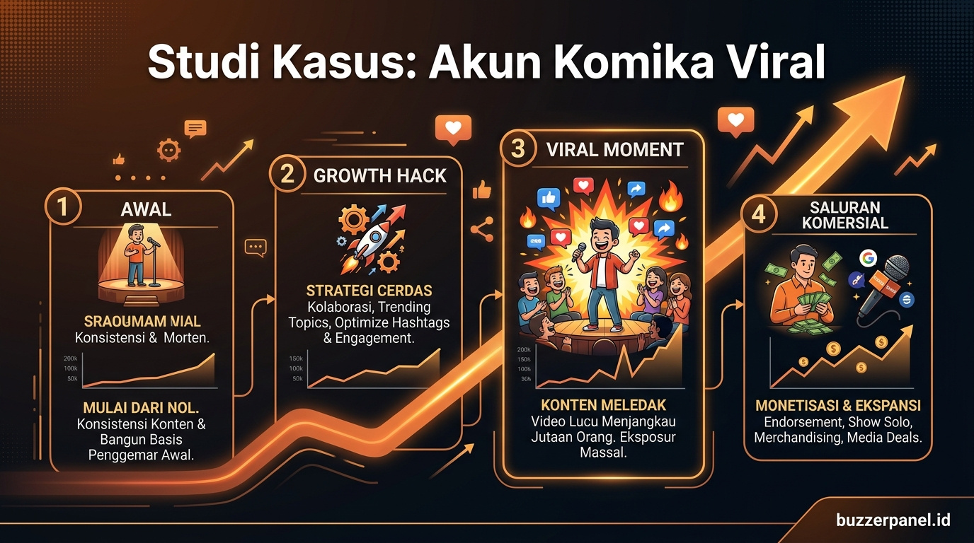 Timeline storytelling Akun Komika Stand Up Comedy Viral 2026