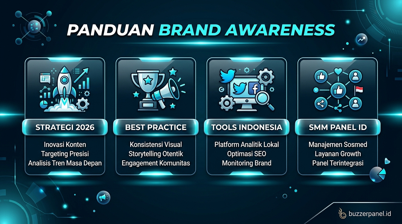 Infografik tips Brand Awareness Strategy Sosmed 2026 - panduan Brand Awareness