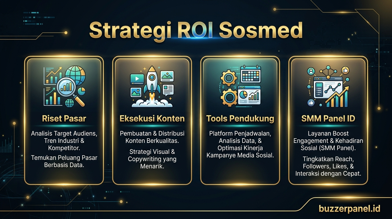 Strategi Cara Ukur Roi Sosmed Marketing 2026 Infografik strategi Cara Ukur Roi Sosmed Marketing 2026 - ROI Sosmed