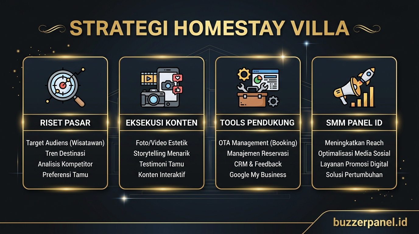 Infografik strategi Promosi Homestay Villa Sosmed 2026 - Homestay Villa