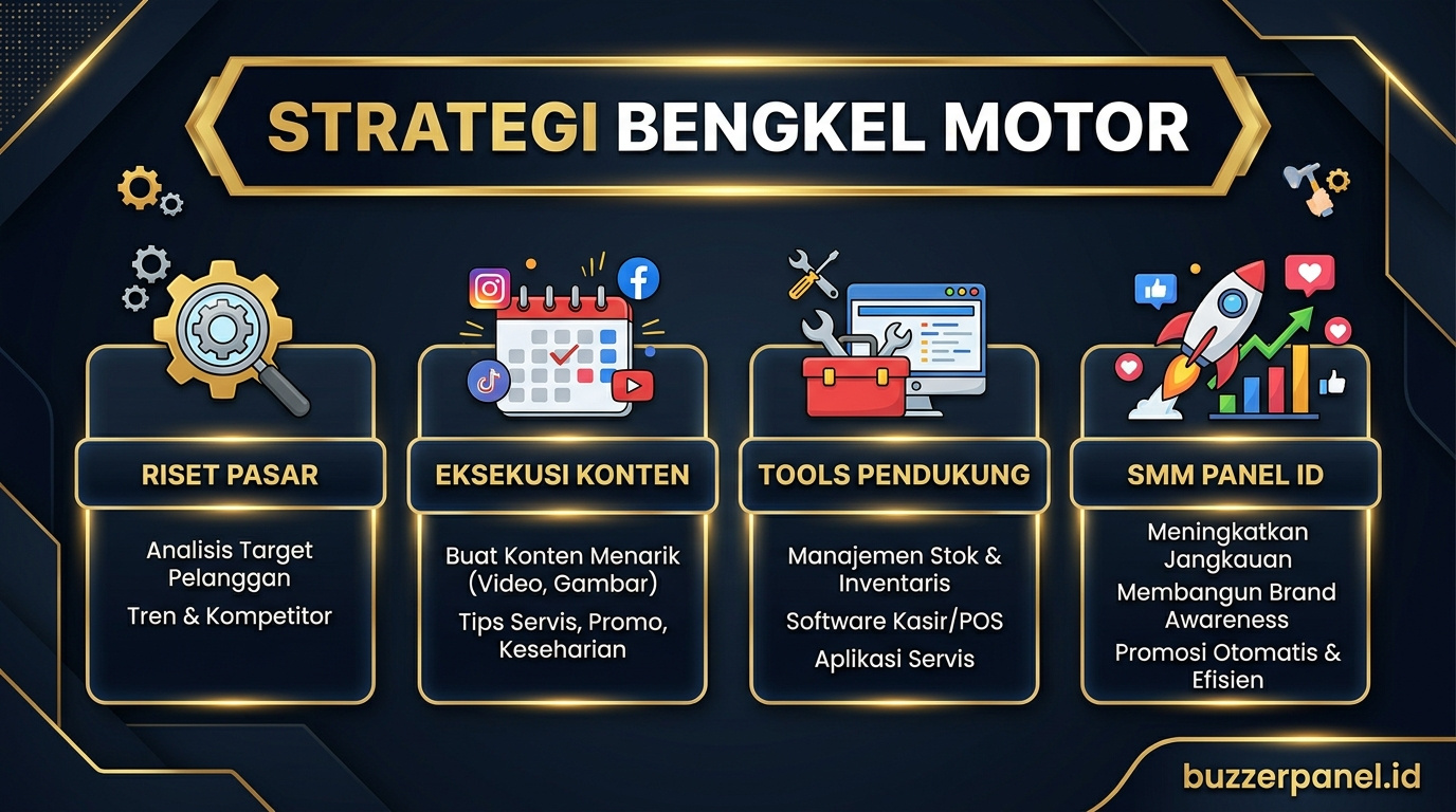 Infografik strategi Promosi Bengkel Motor Sosmed 2026 - Bengkel Motor