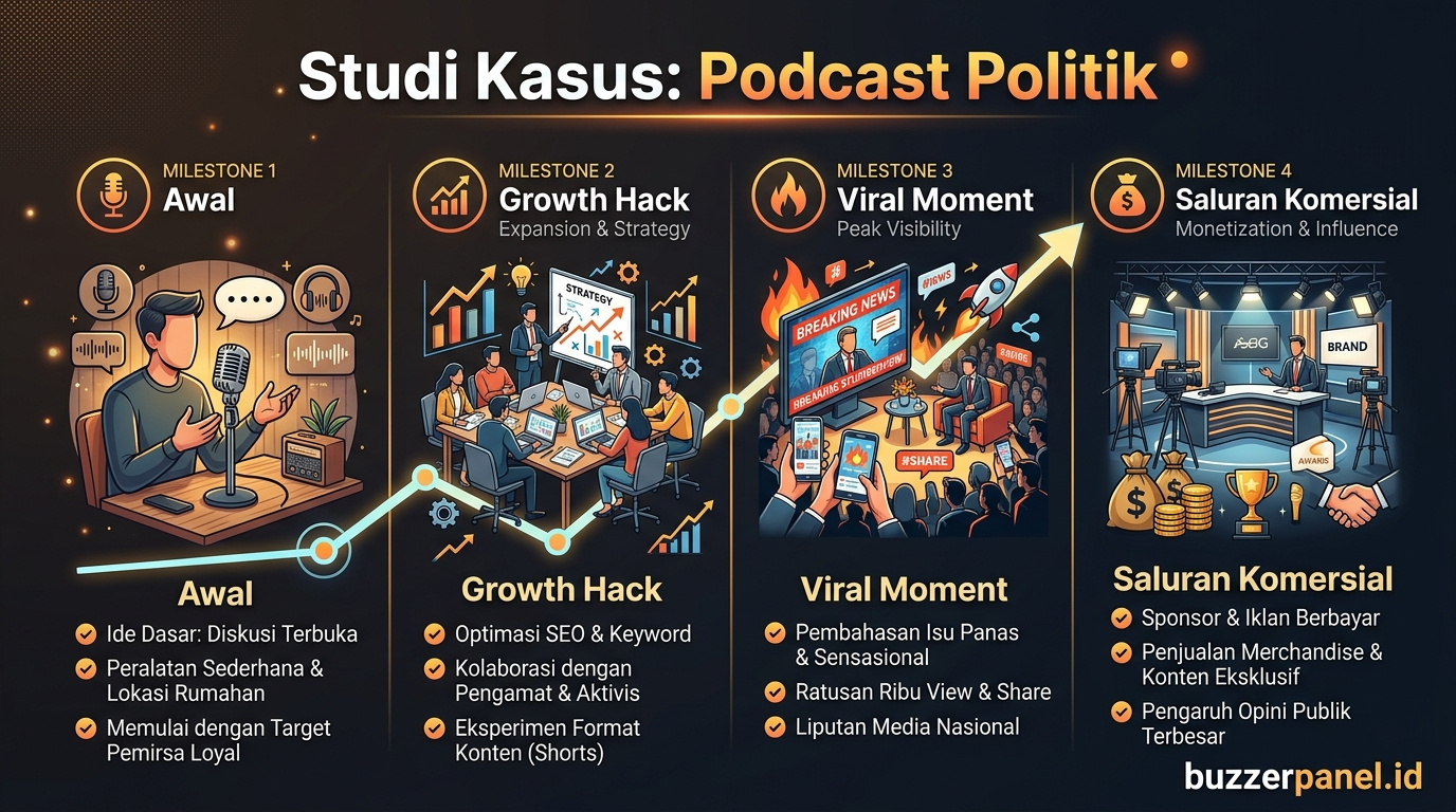 Timeline storytelling Promosi Podcast Politik Spotify 2026