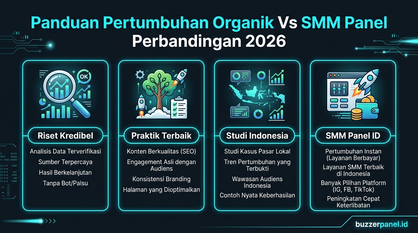 Infografik analisis pertumbuhan organik vs smm panel perbandingan 2026