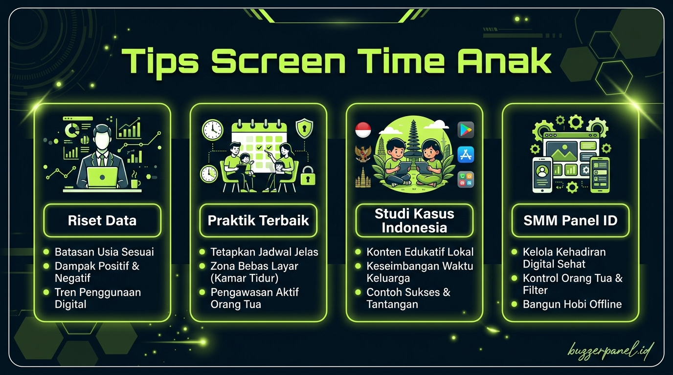 Infografik analisis cara membatasi screen time anak 2026