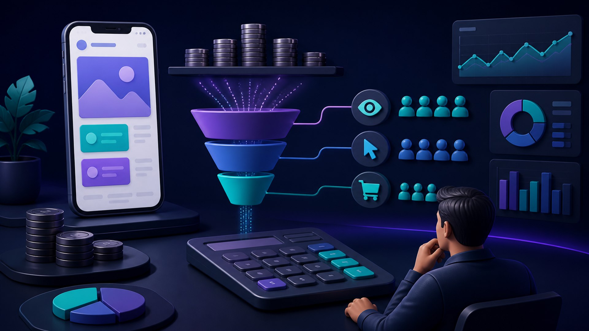 Ilustrasi cara menghitung budget boost media sosial dengan funnel dan kalkulator