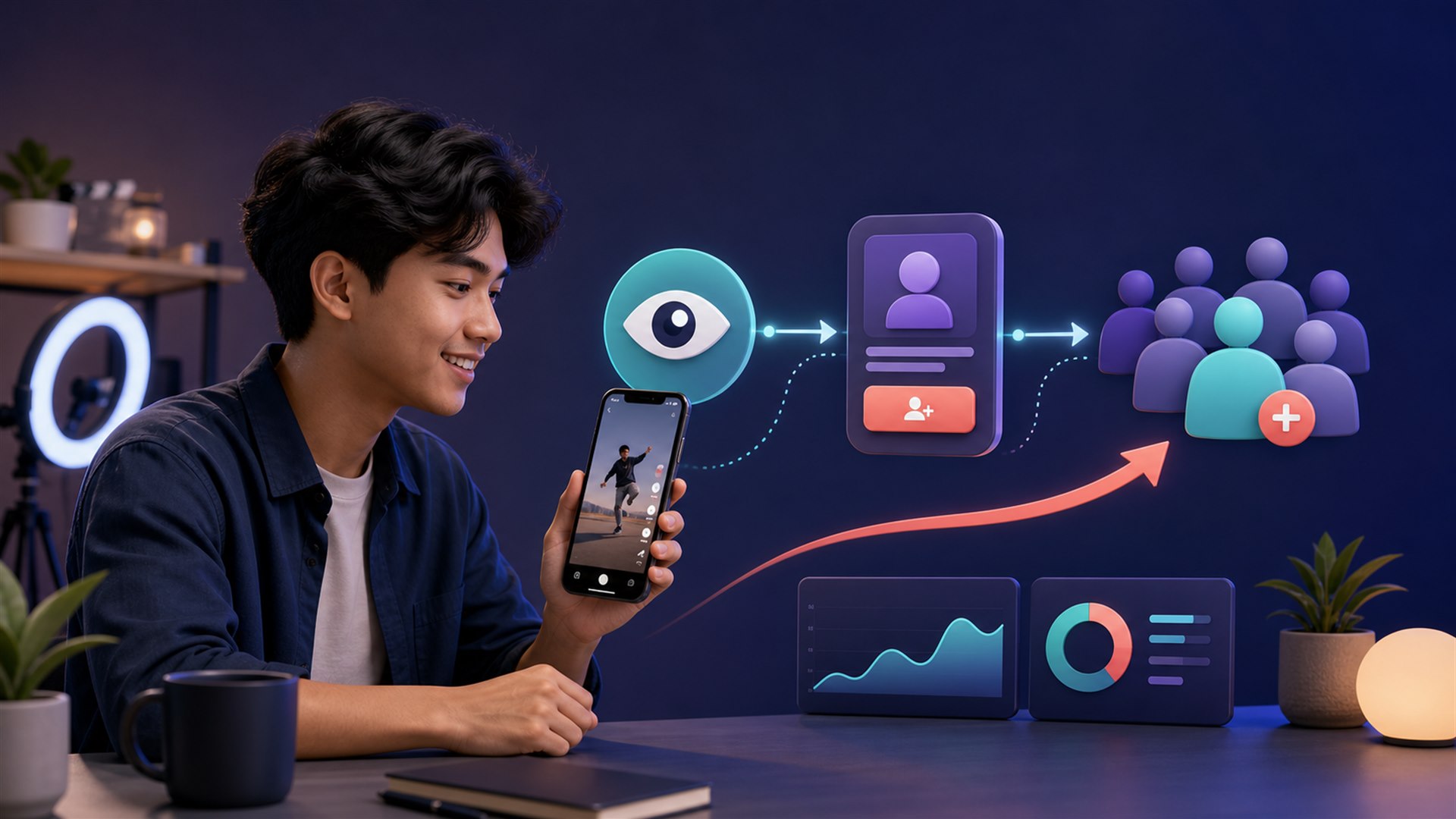 Kreator menganalisis alur views TikTok menjadi followers di layar ponsel