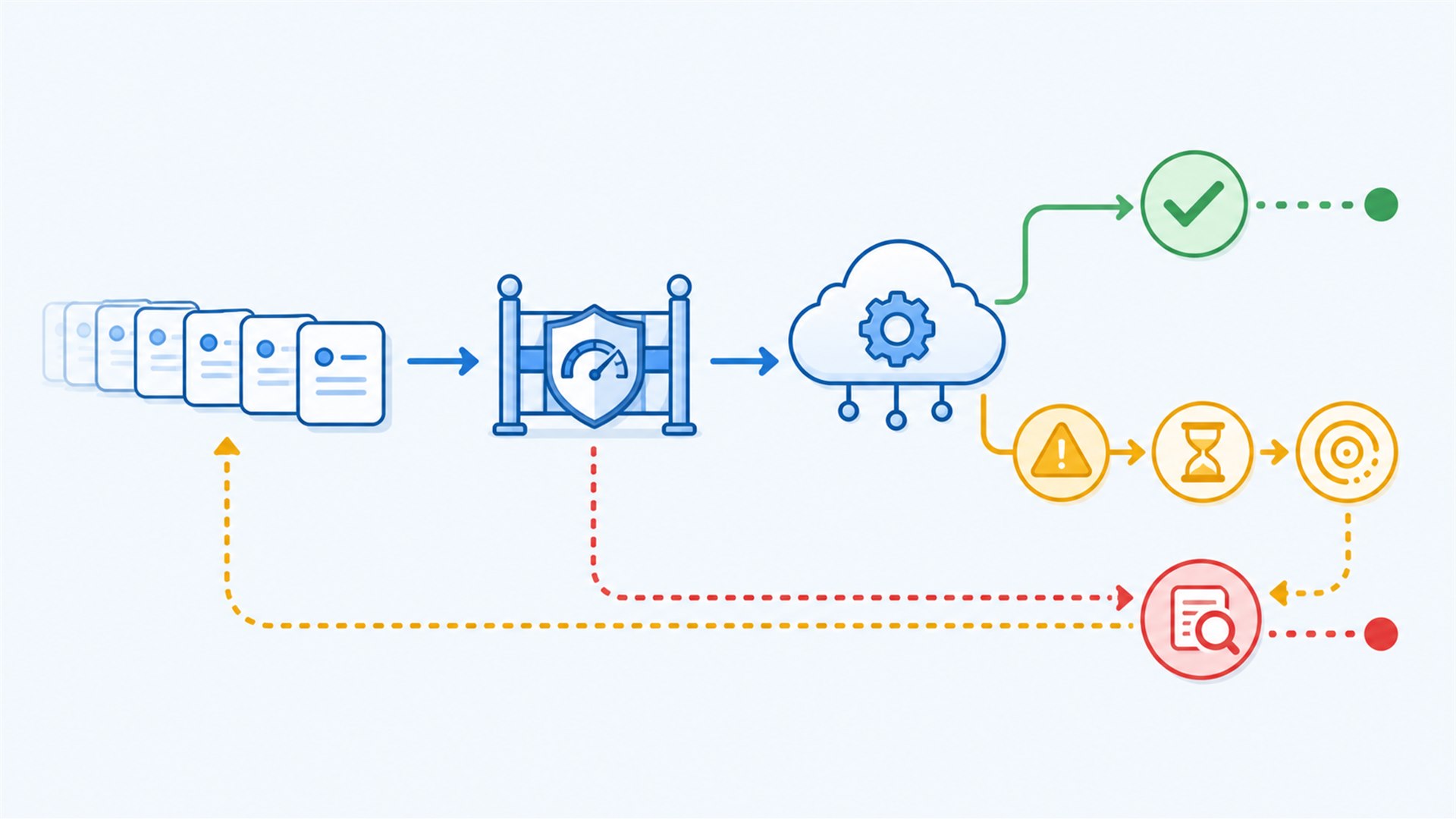 Flowchart rate limit API SMM panel dari antrean ke respons 429 dan retry terjadwal