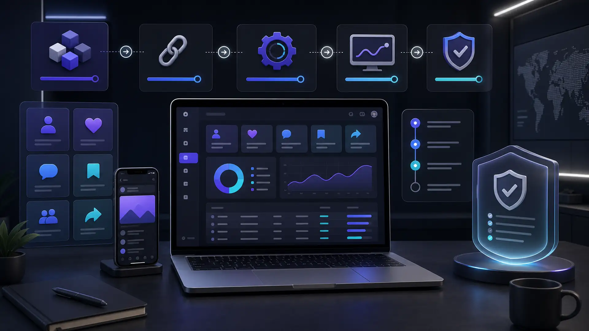 Ilustrasi apa itu SMM panel dengan dashboard, katalog, order, status, dan kontrol risiko