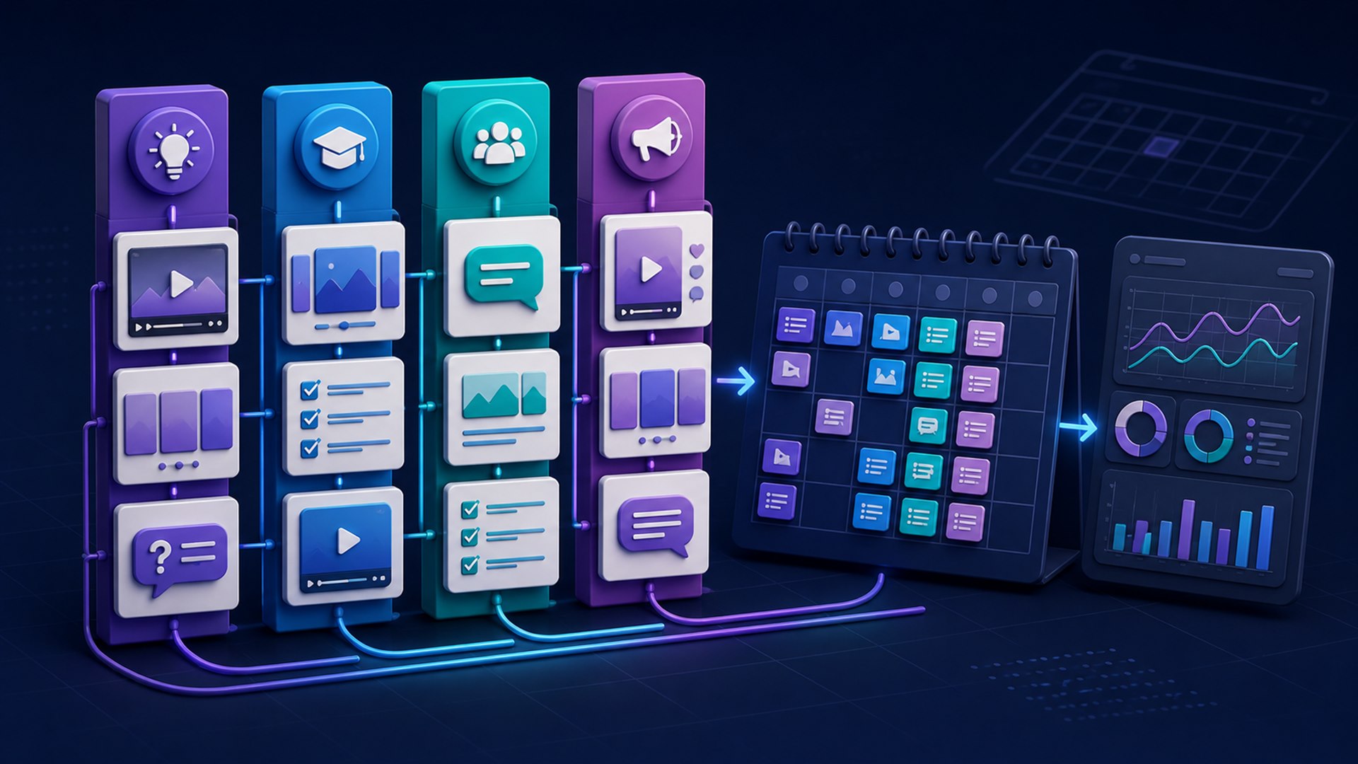Matriks cara membuat content pillar untuk bisnis online menjadi video, carousel, cerita, dan kalender