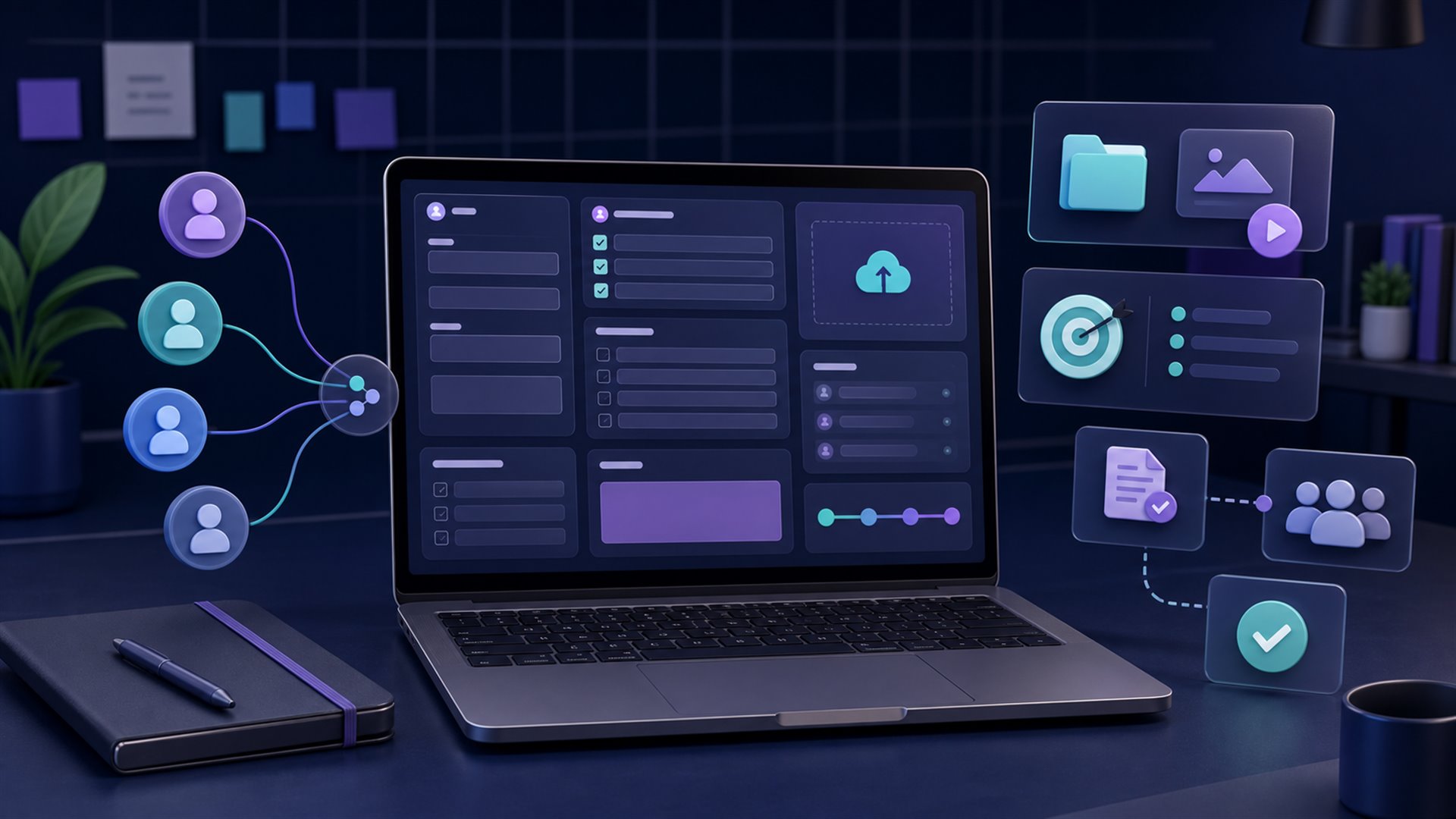 Ilustrasi cara membuat intake form klien social media pada layar laptop