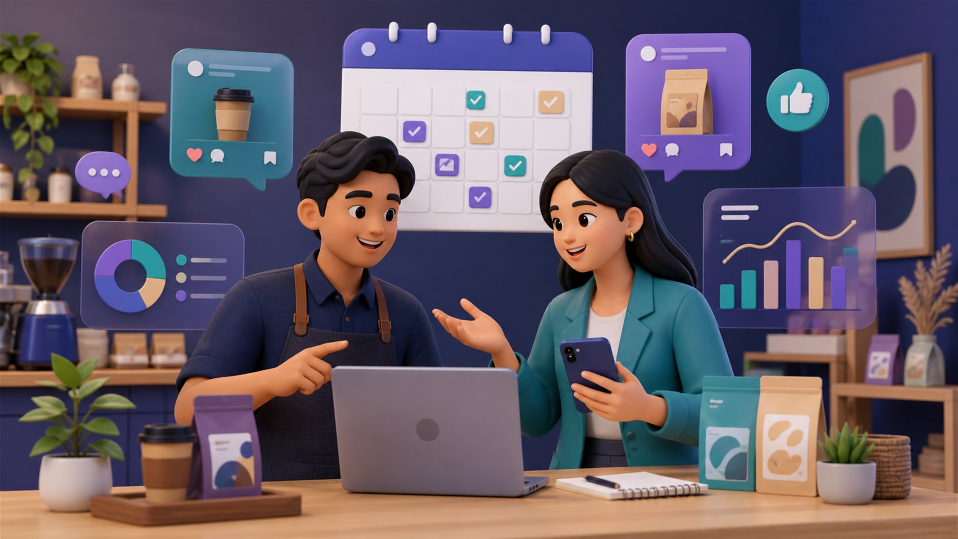 Pemilik UMKM dan pengelola social media merencanakan kalender konten serta membaca performa akun