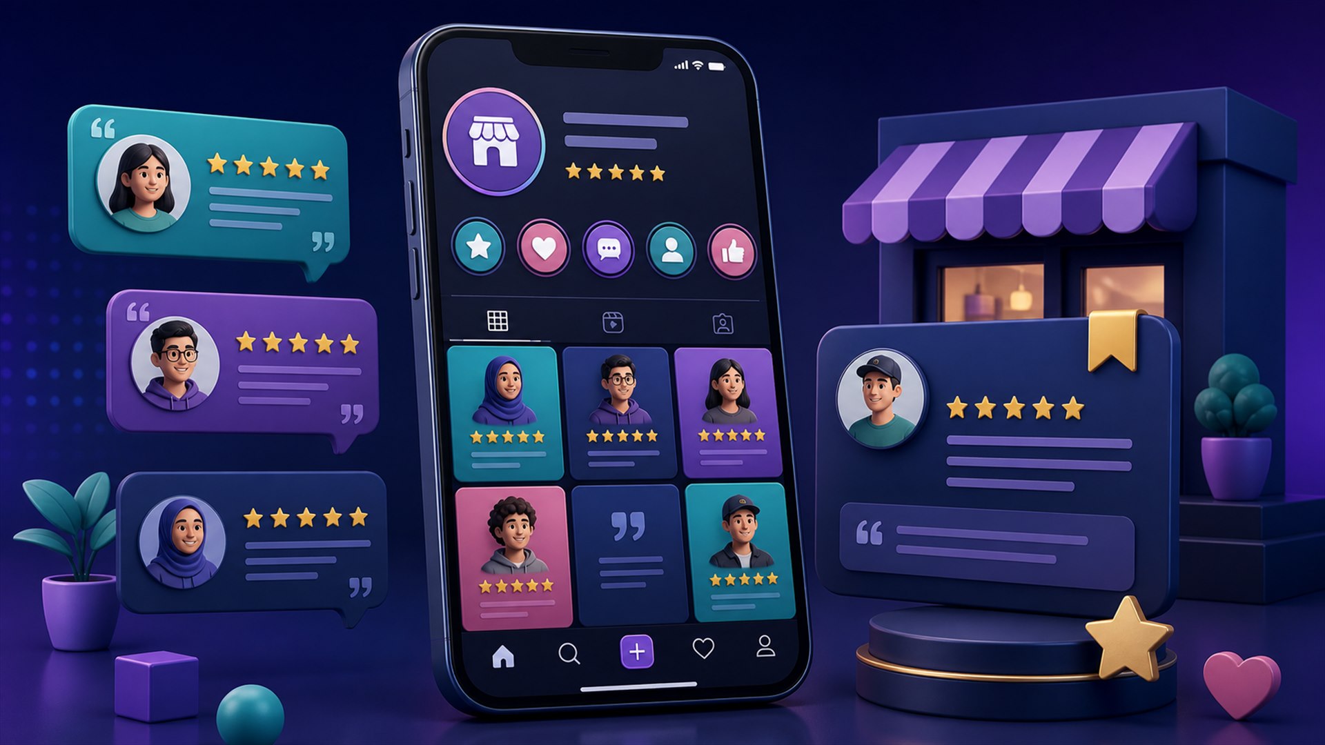 Ilustrasi cara menampilkan testimoni di Instagram bisnis pada profil dan layar ponsel