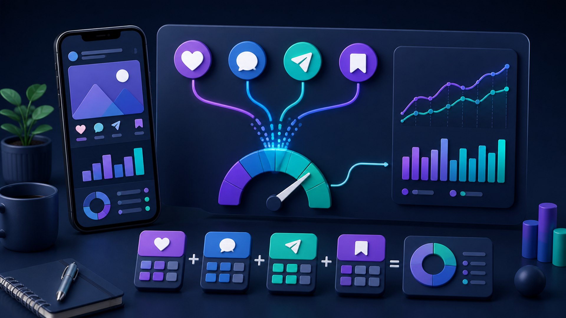 Dashboard cara menghitung engagement rate bisnis berdasarkan reach, followers, impressions, dan views