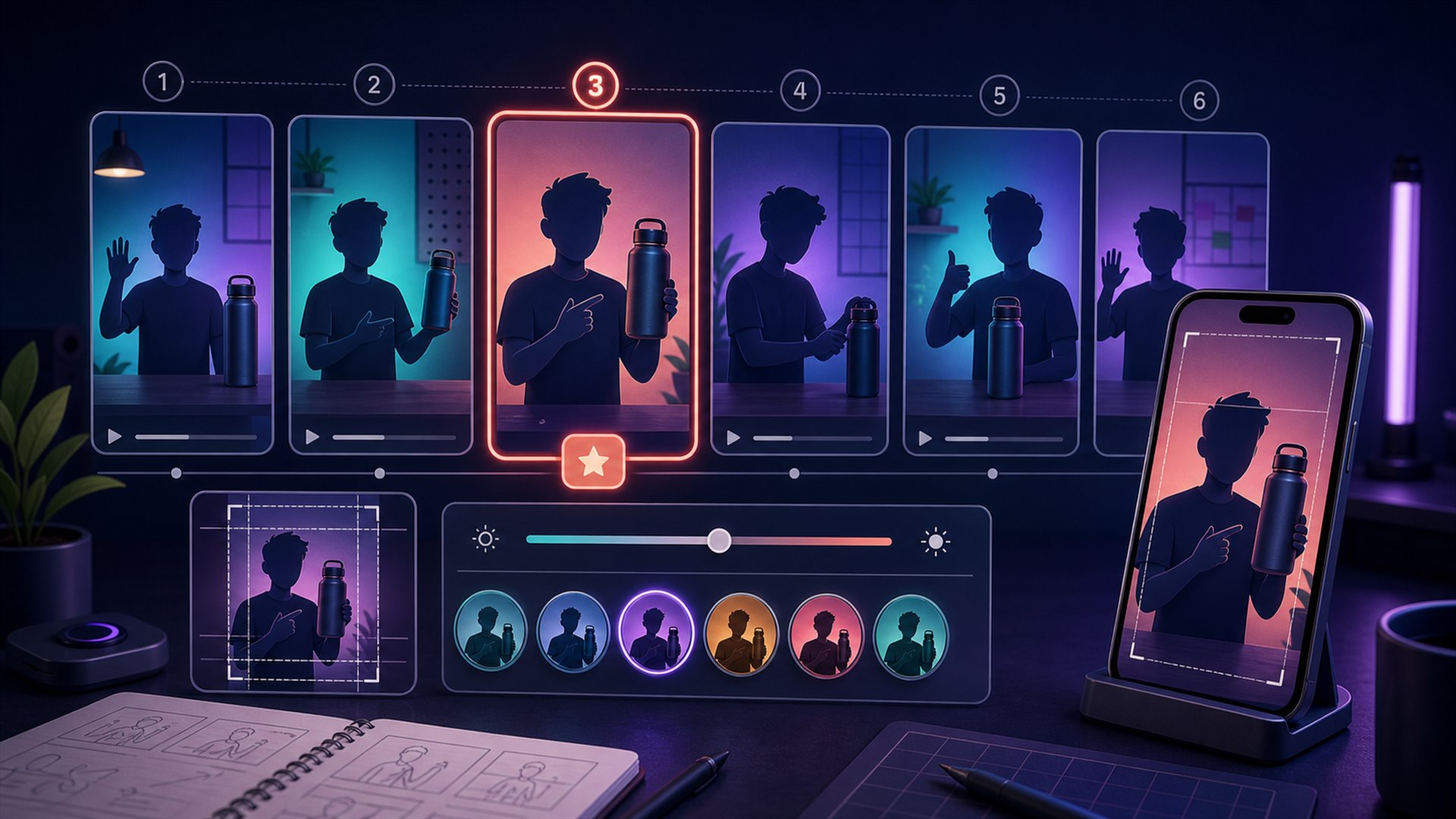 Storyboard frame untuk cara pasang thumbnail YouTube Shorts di HP