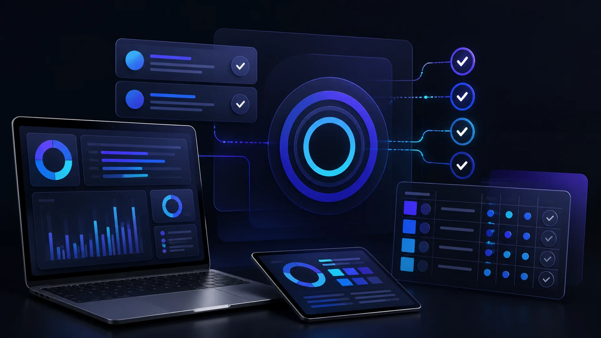 Ilustrasi editorial profil kliksosmed.id dengan dashboard status domain dan katalog layanan