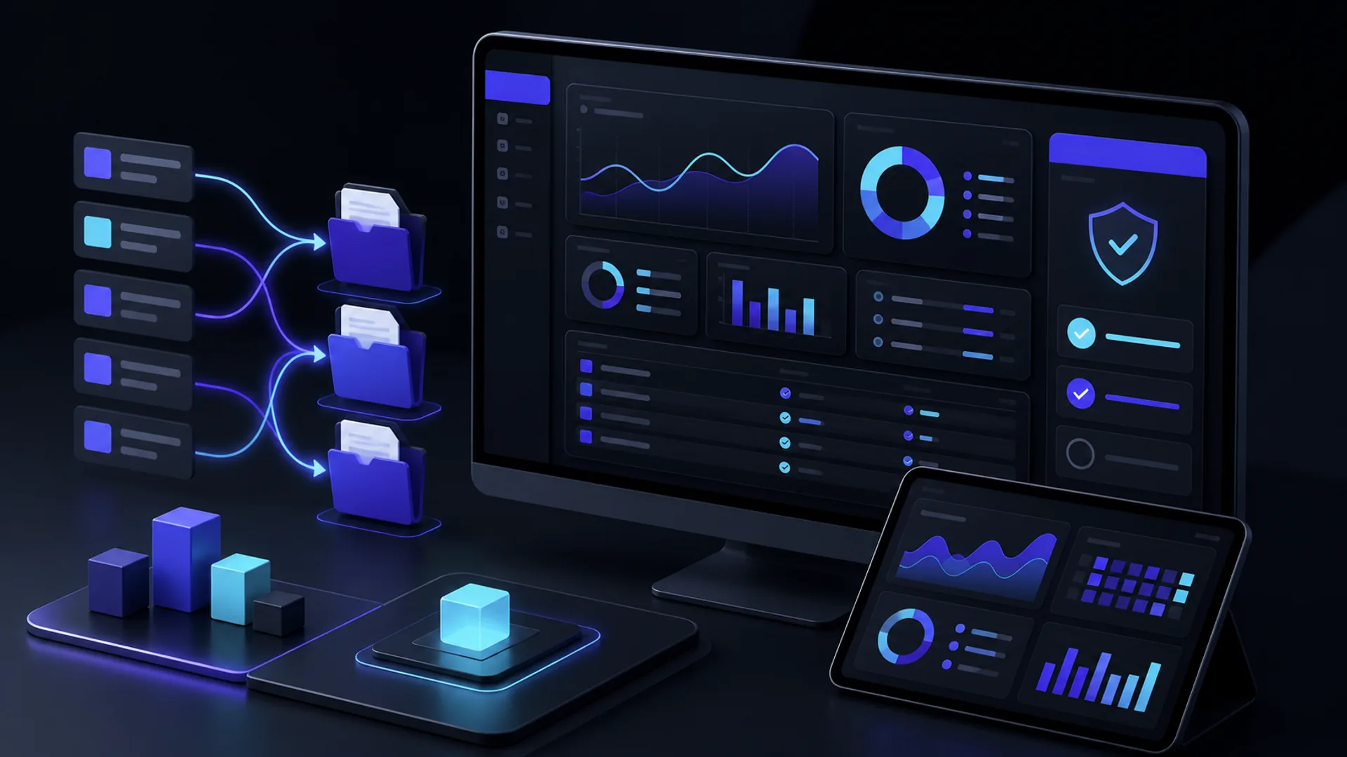 Ilustrasi editorial profil pinsmm dengan ledger klaim dan dashboard layanan