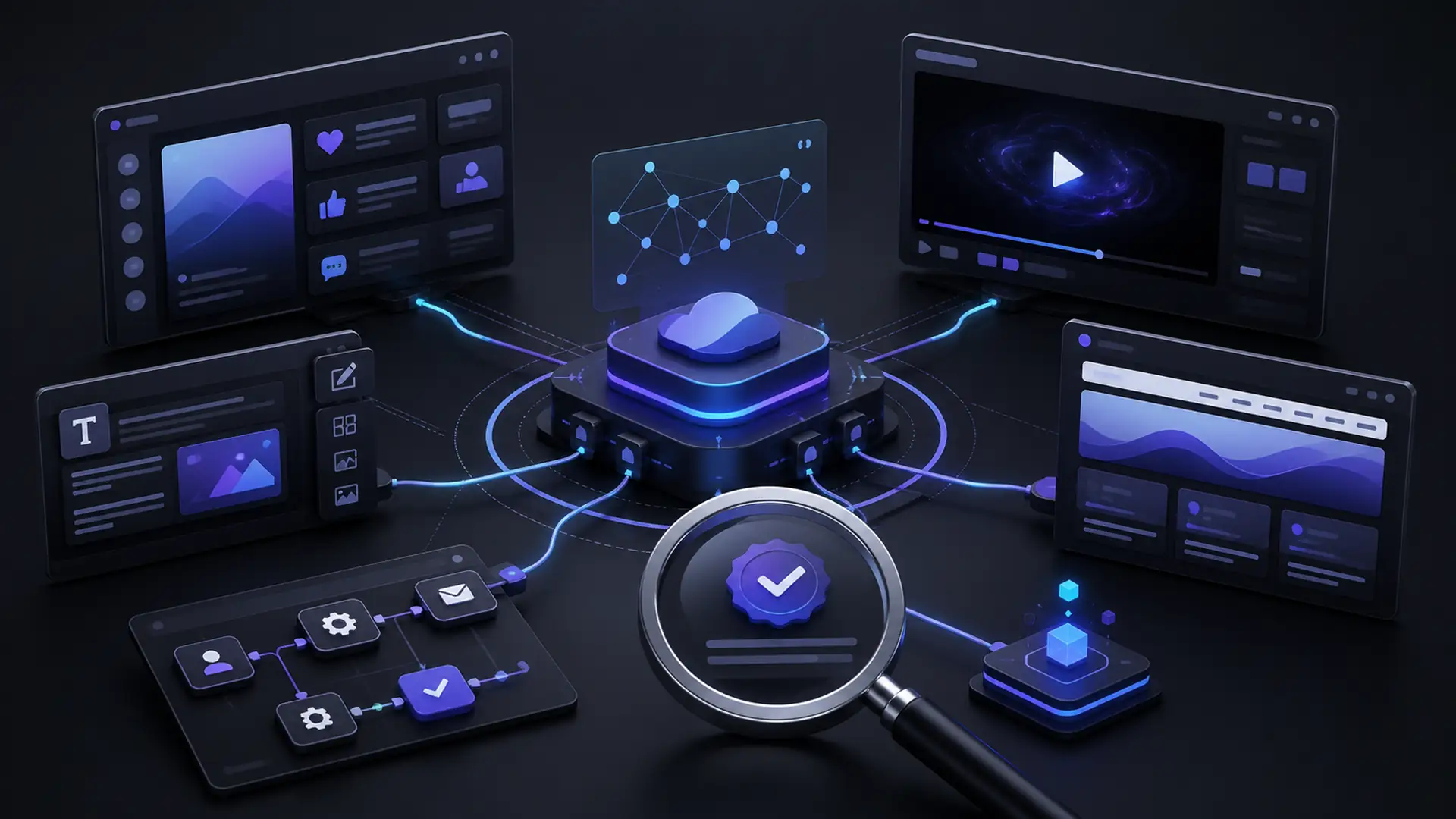 Ilustrasi Rasx Media dengan hub API, dashboard layanan digital, dan checkpoint verifikasi klaim provider