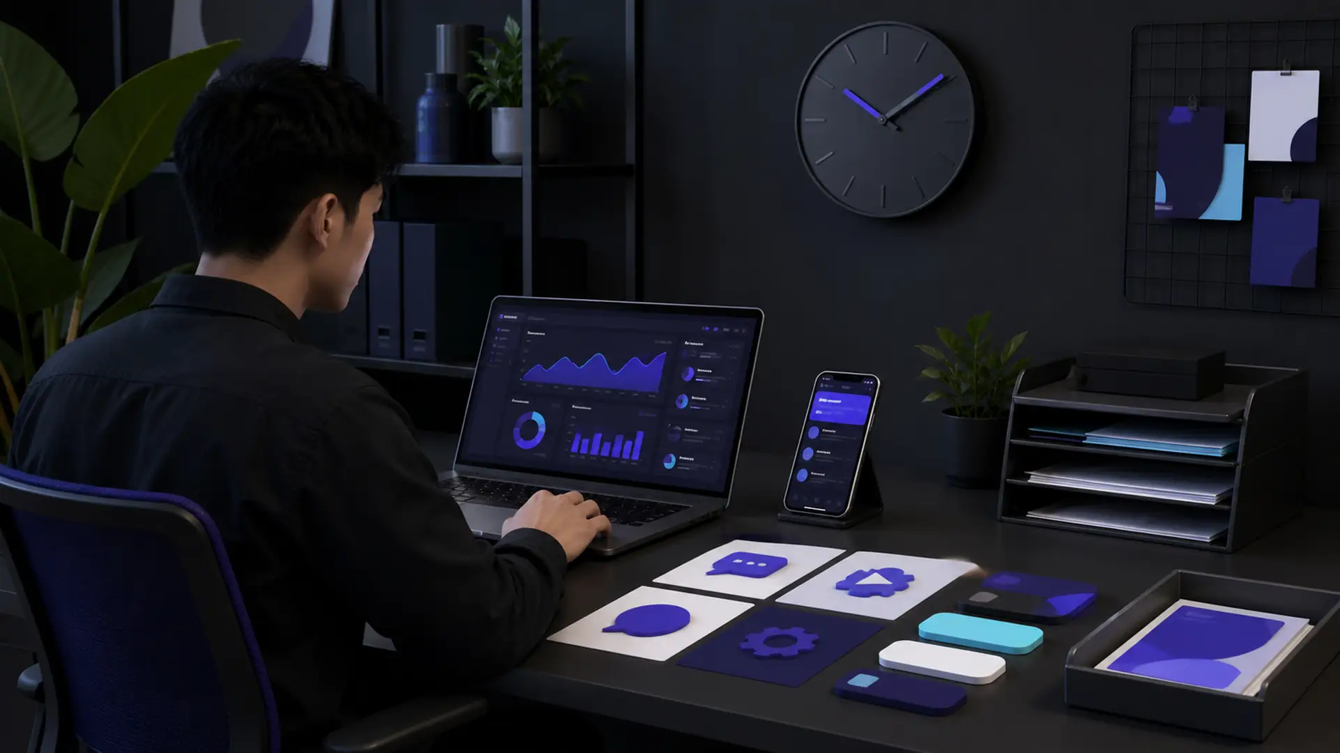 Ilustrasi Sozmed dengan dashboard panel, perangkat, jadwal dukungan, dan alat kerja reseller