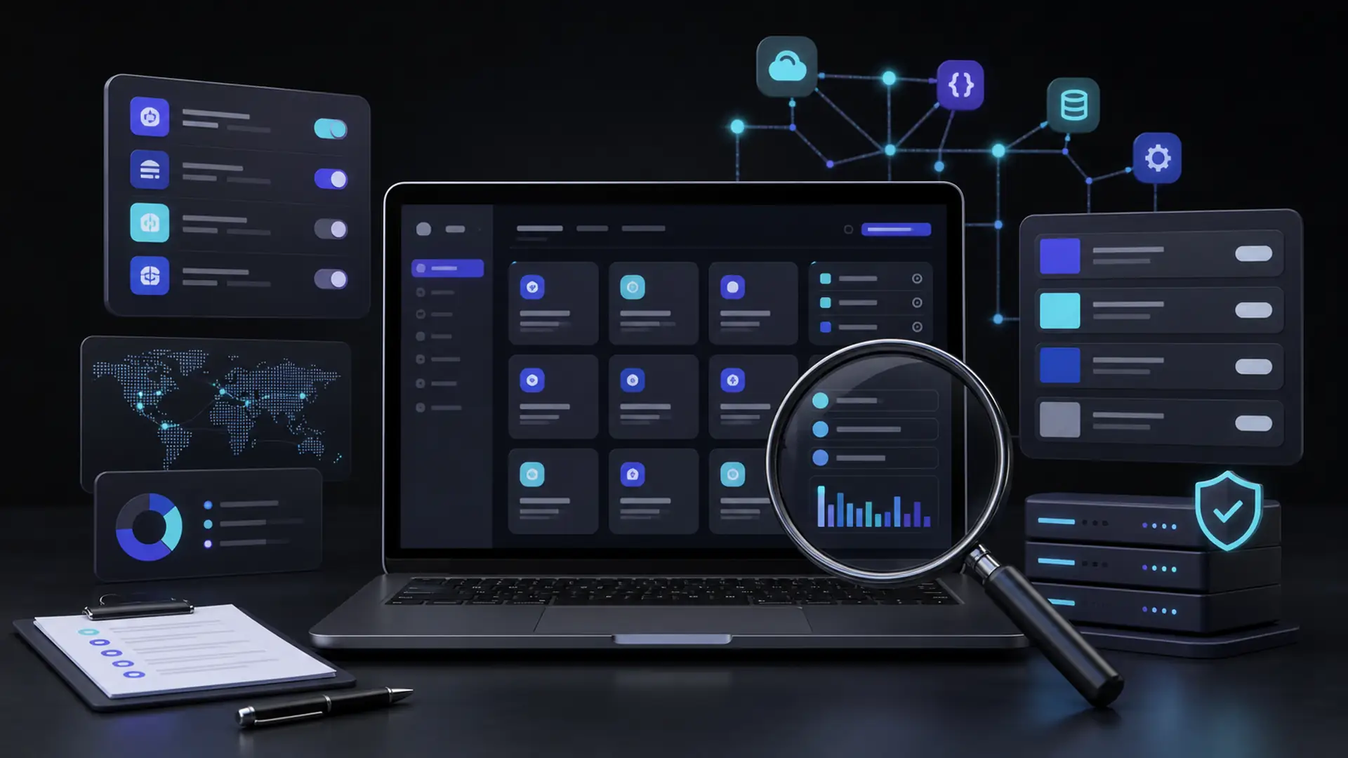 Ilustrasi TopOnePanel dengan dashboard layanan, katalog, koneksi API, dan pemeriksaan fitur
